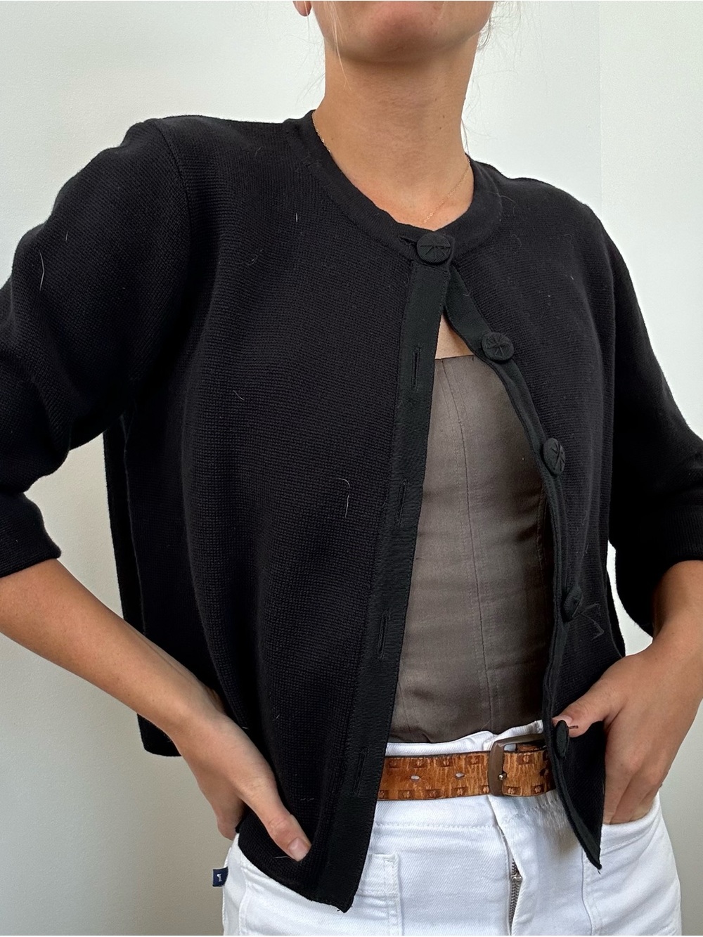 Black Cropped Button-Front Women's Sweater